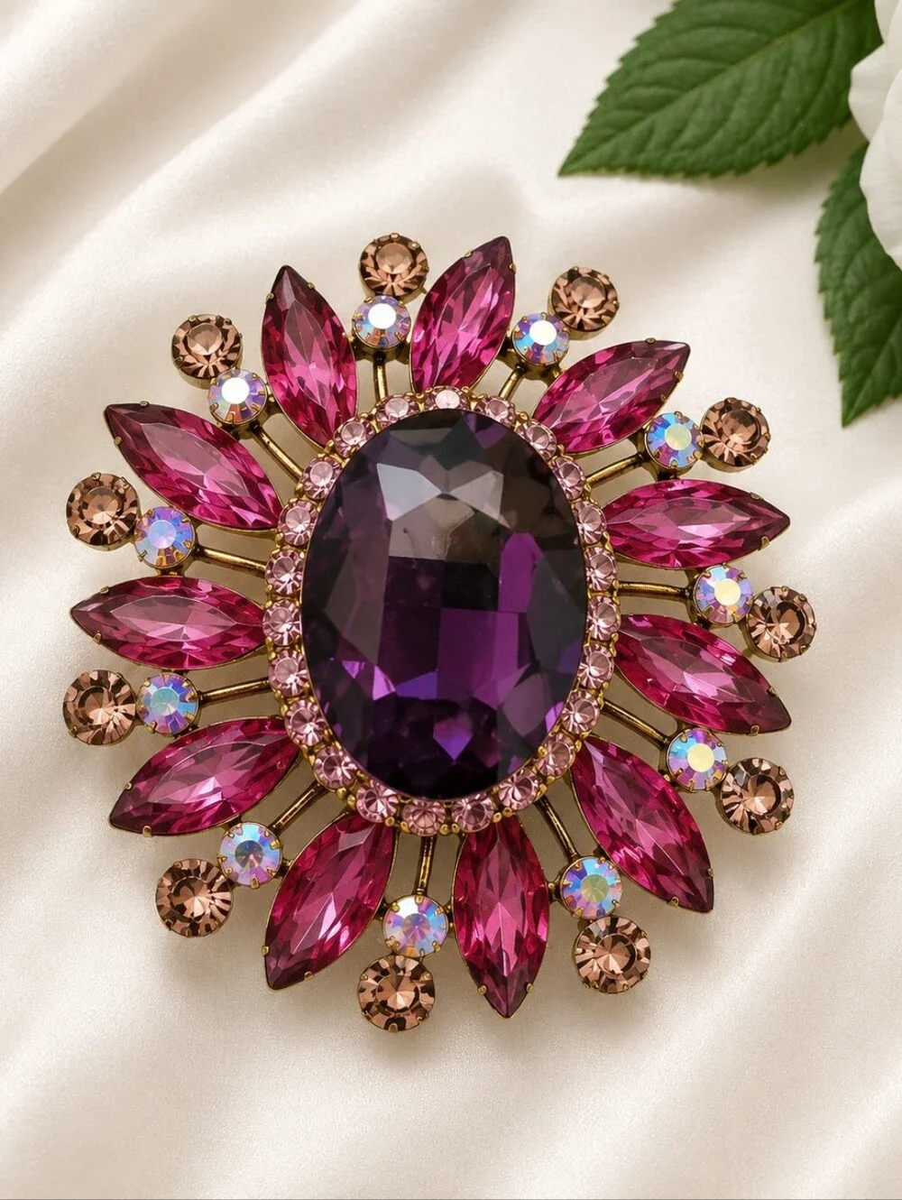 Vintage-Inspired Purple and Fuchsia Crystal Brooch